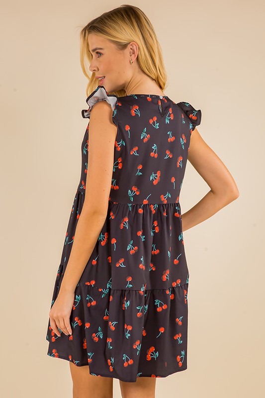 CHERRY PRINT FLYING SLEEVE RUFFLE DRESS