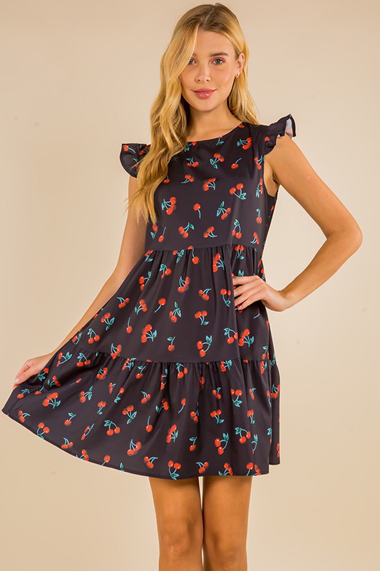 CHERRY PRINT FLYING SLEEVE RUFFLE DRESS