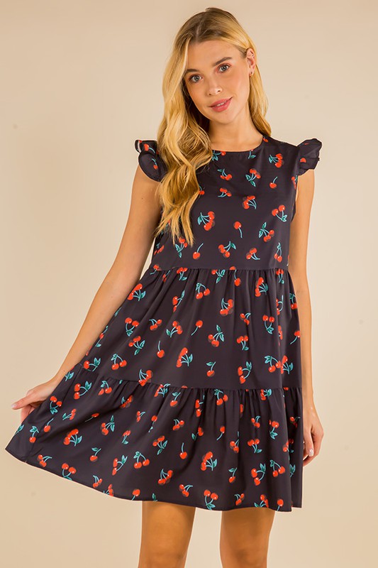 CHERRY PRINT FLYING SLEEVE RUFFLE DRESS