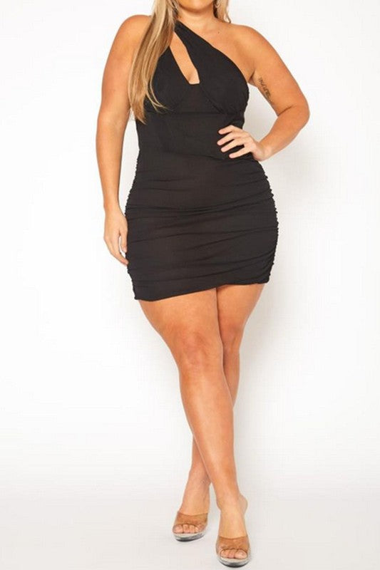 Plus Size Bustier Asymmetric Sleeve Mini Dress