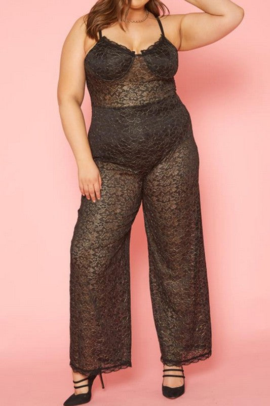 Plus Size Metallic Floral Lace Jumpsuit