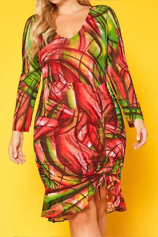 Plus Size Abstract Color Print Flare Mini Dress