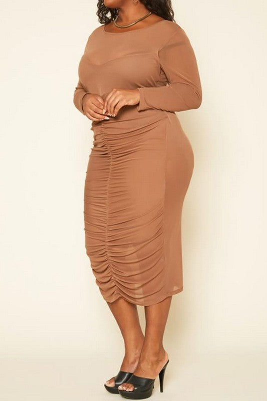 Plus Size Ruched Mesh Bodycon Midi Dress