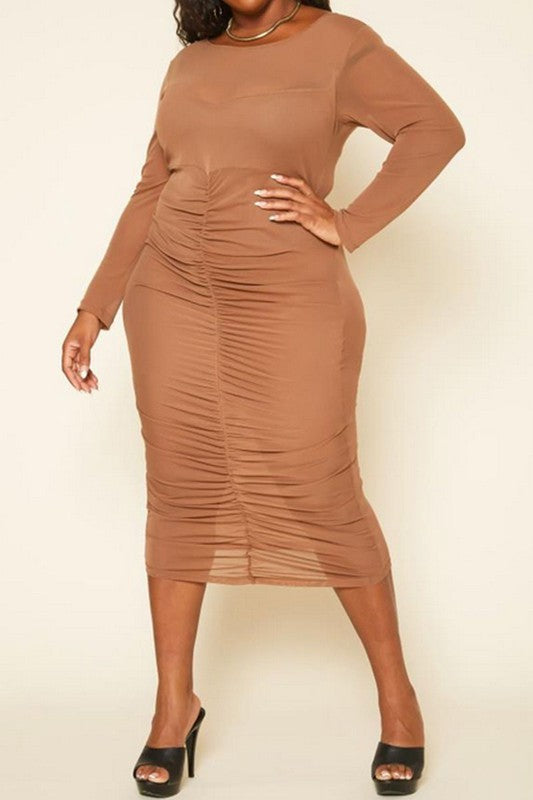 Plus Size Ruched Mesh Bodycon Midi Dress