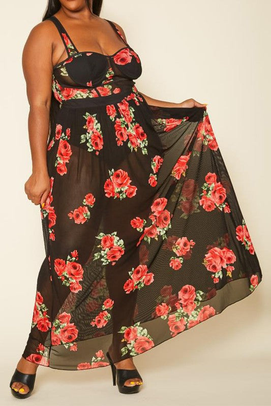 Plus Size Rose Print Sheer Maxi Dress