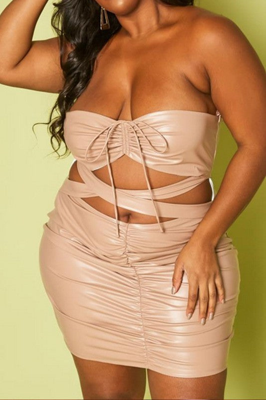 Plus Size Faux Leather Cut Out Tube Mini Dress