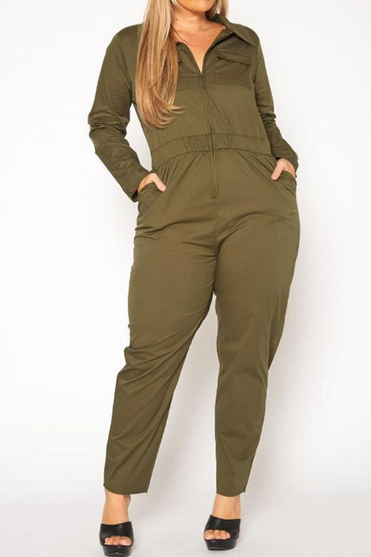 Plus Size Olive Cargo Jumpsuit