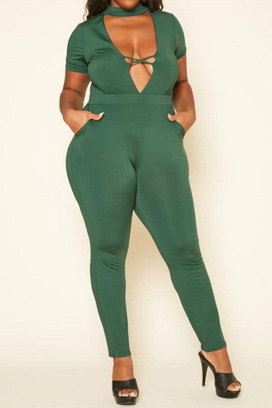 Plus Size Deep V Neck Bodycon Jumpsuit