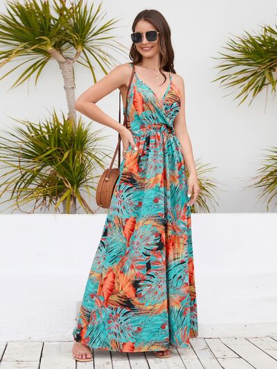 Printed Surplice Spaghetti Strap Dress