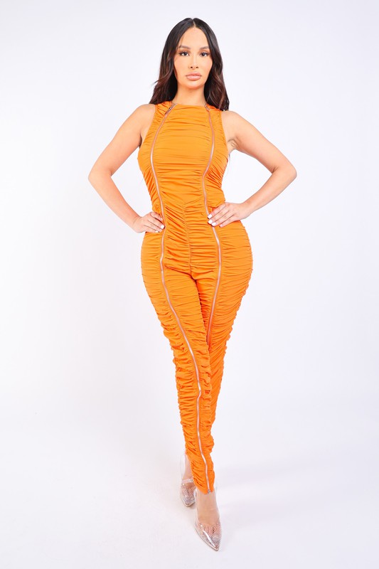 Track Zipper All Over Ruched Jumpsuit