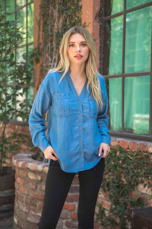 Chambray Button Down Split Neck Denim Shirt