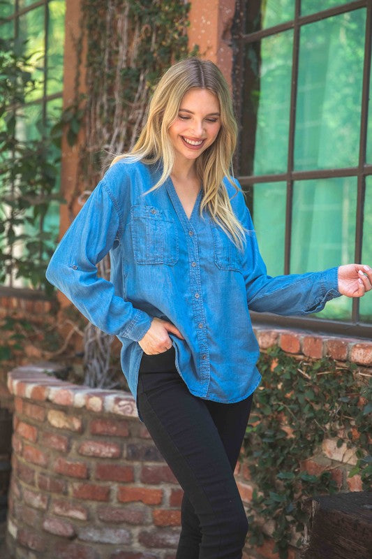 Chambray Button Down Split Neck Denim Shirt