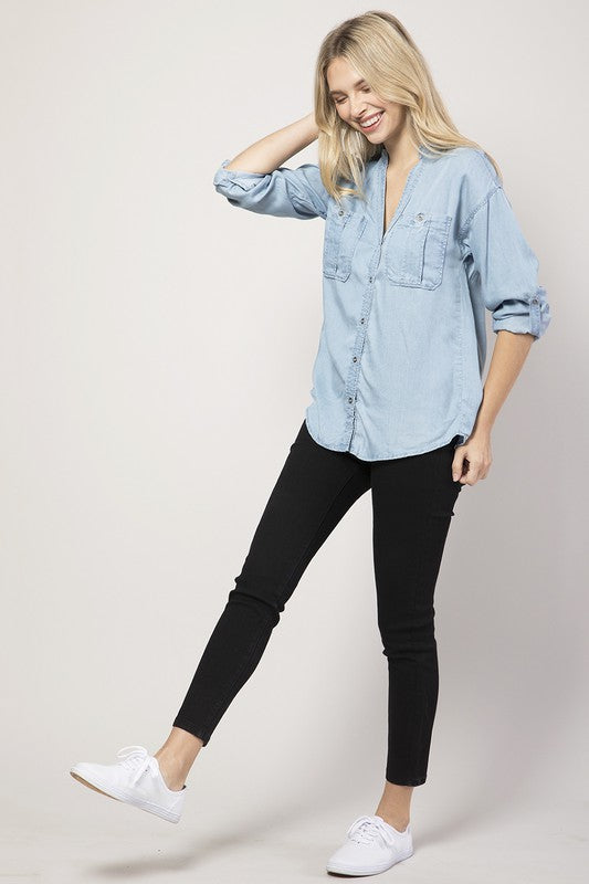 Chambray Button Down Split Neck Denim Shirt