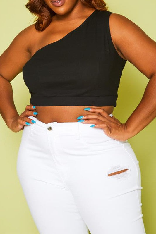 Plus Size Ribbed One Sleeve Crop Top