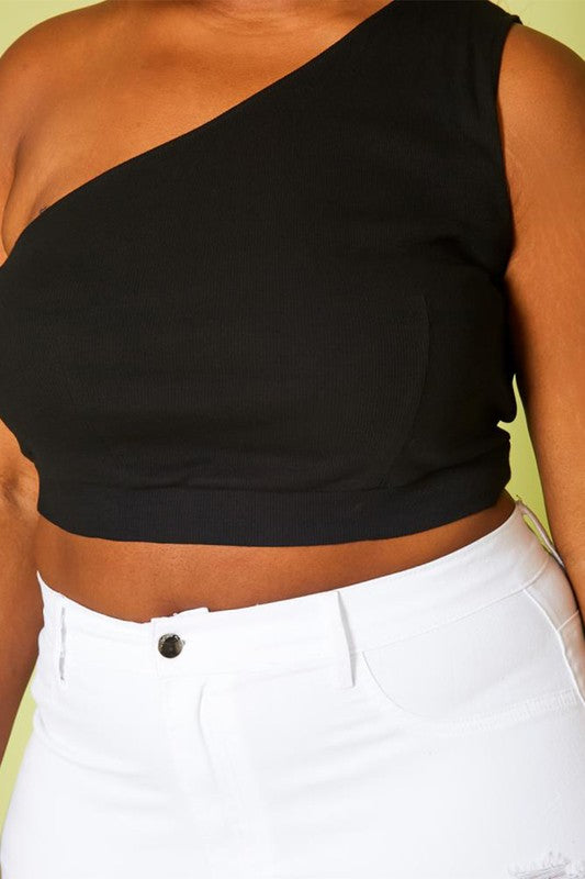 Plus Size Ribbed One Sleeve Crop Top