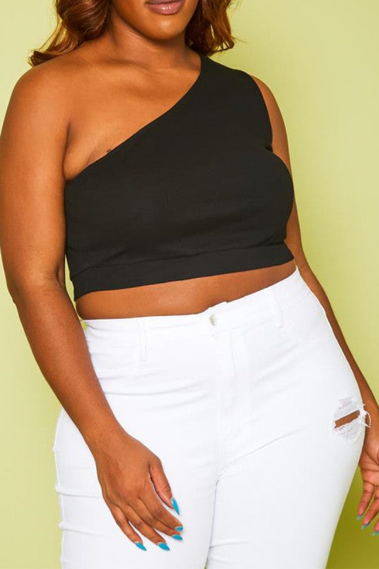 Plus Size Ribbed One Sleeve Crop Top