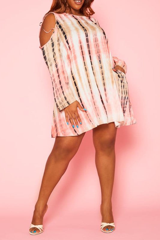 Plus Size Cold Shoulder Tie Dye Mini Dress