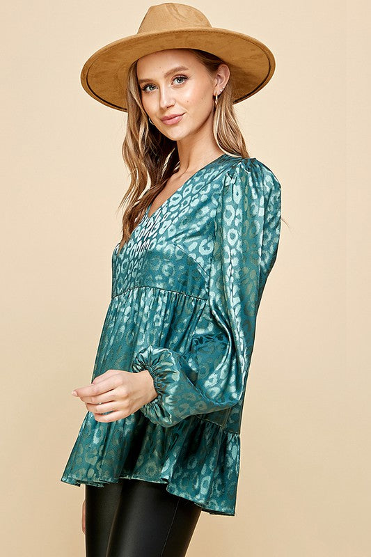 ANIMAL PRINT SATIN V NECK BABY DOLL TOP