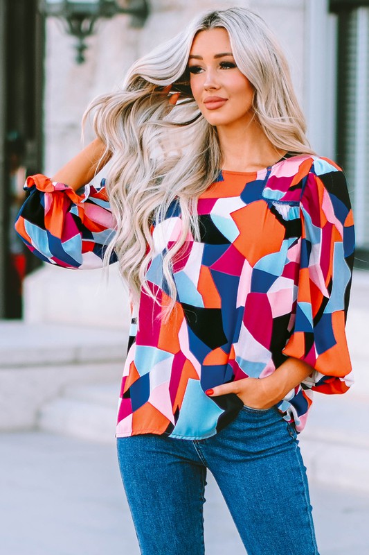 Color Block Crewneck Ruffled Puff Sleeve Blouse