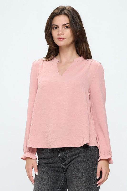 V neck long sleeve pop over blouse