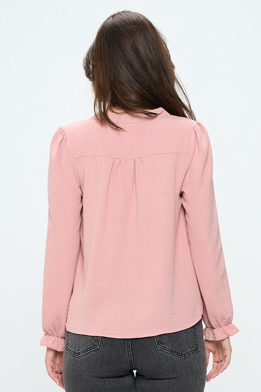 V neck long sleeve pop over blouse