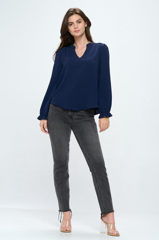 V neck long sleeve pop over blouse