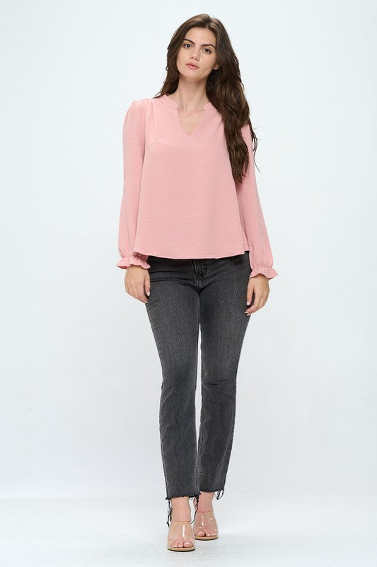 V neck long sleeve pop over blouse