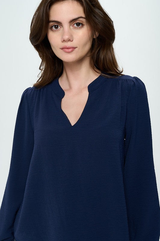 V neck long sleeve pop over blouse