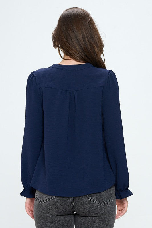 V neck long sleeve pop over blouse