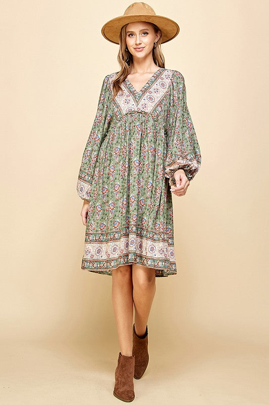 BORDER PRINT LONG SLEEVE MIDI DRESS