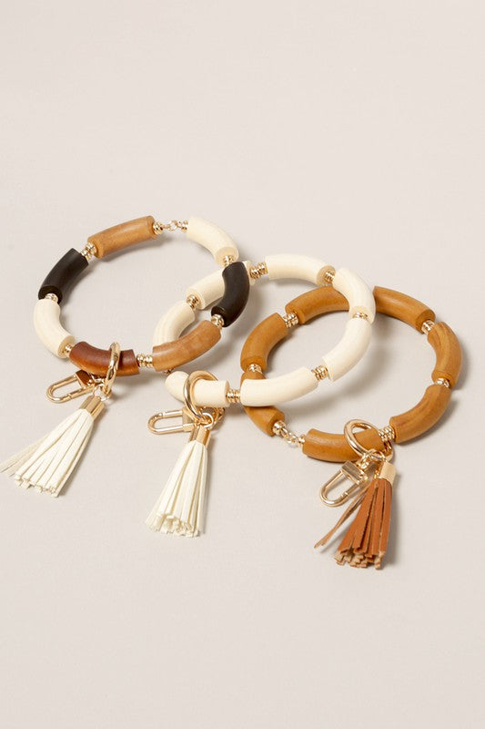 Wood Beaded Keychain Wristlet with Tassel