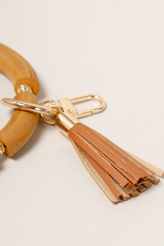 Wood Beaded Keychain Wristlet with Tassel