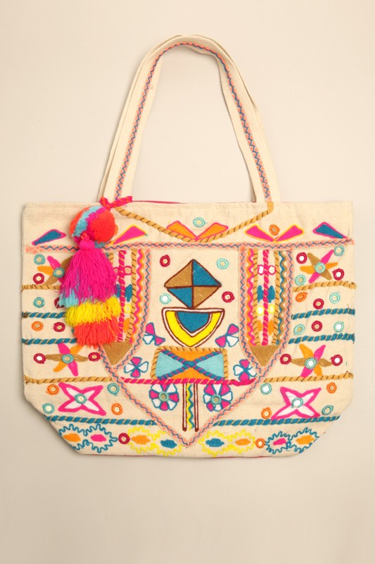 Abstract Pattern Pom Pom Tassel Shoulder Bag