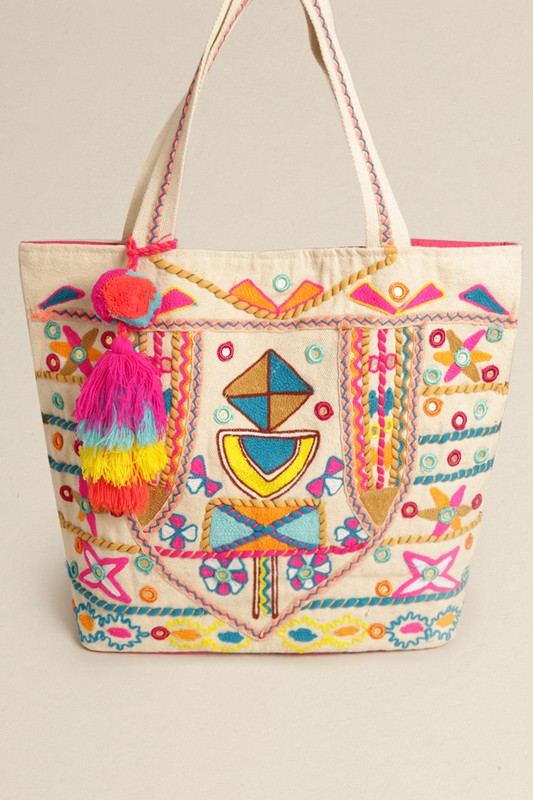 Abstract Pattern Pom Pom Tassel Shoulder Bag