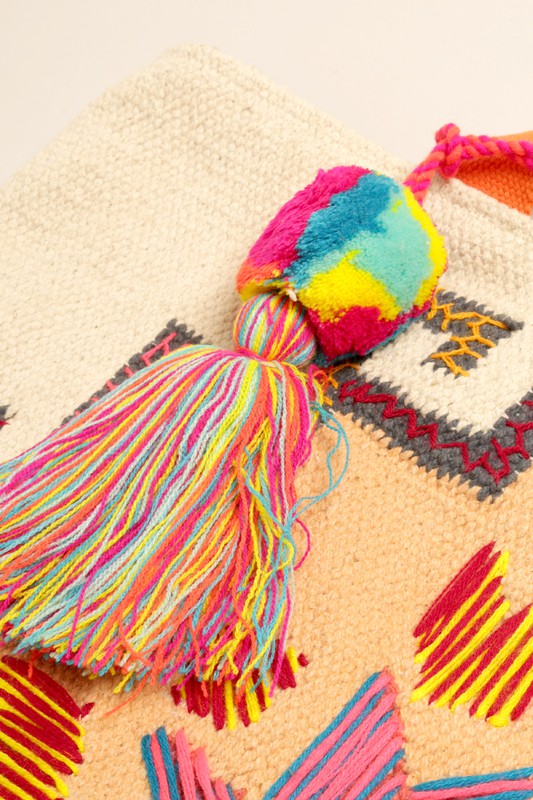 Aztec Pattern Pom Pom Tassel Shoulder Bag