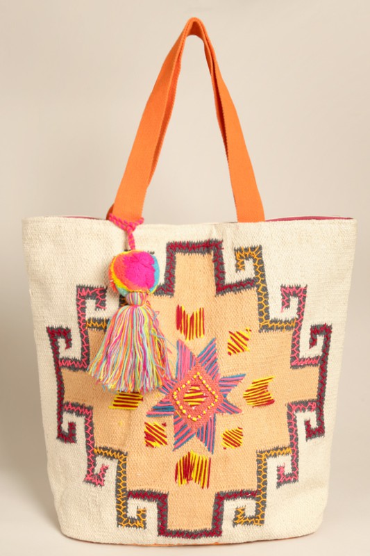 Aztec Pattern Pom Pom Tassel Shoulder Bag