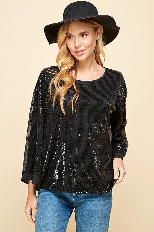 SOLID SEQUIN ROUND NECK TOP