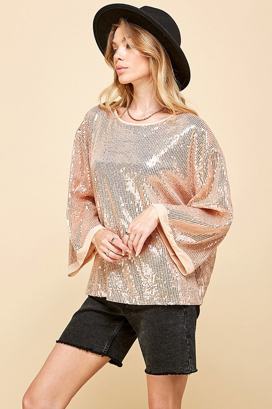 SOLID SEQUIN ROUND NECK TOP