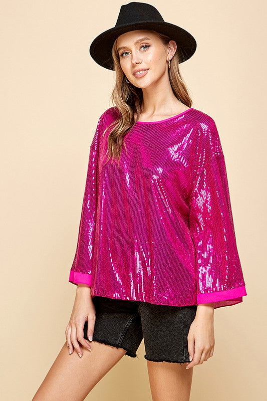 SOLID SEQUIN ROUND NECK TOP