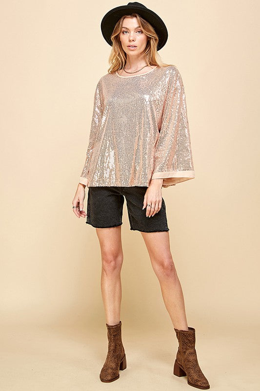 SOLID SEQUIN ROUND NECK TOP