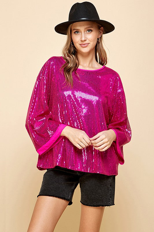 SOLID SEQUIN ROUND NECK TOP