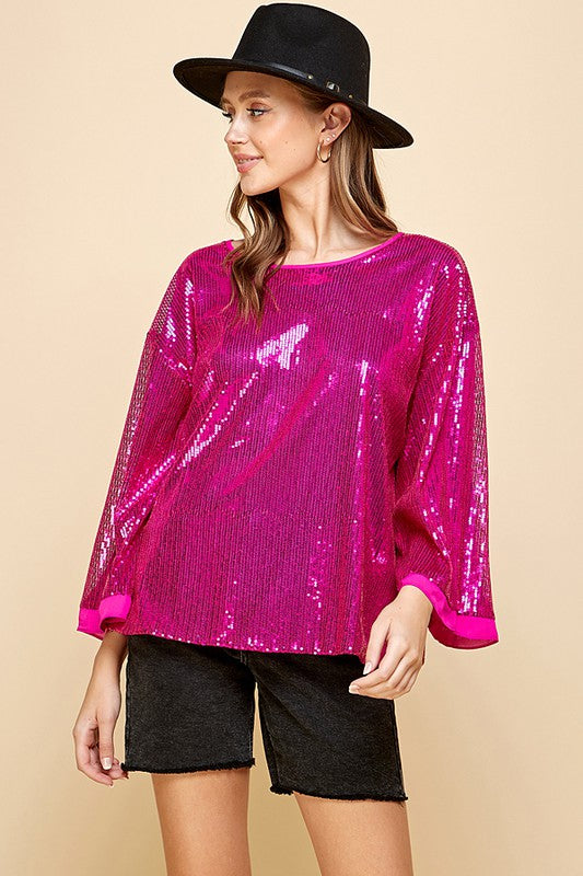 SOLID SEQUIN ROUND NECK TOP