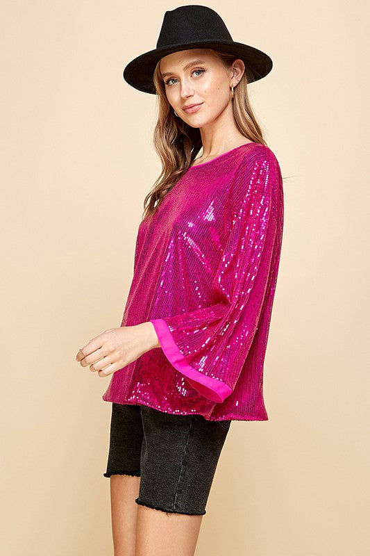 SOLID SEQUIN ROUND NECK TOP