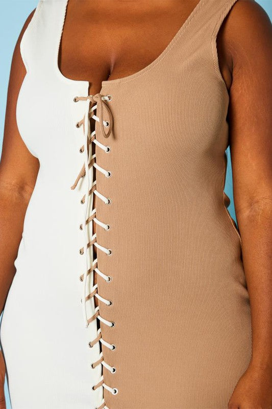 Plus Size Ribbed Two Tone Lace Up Midi Dress