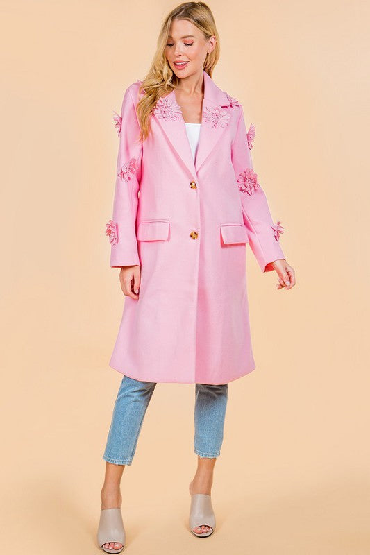 SOLID NOTCHED COLLAR LONG COAT WITH FLOWERS