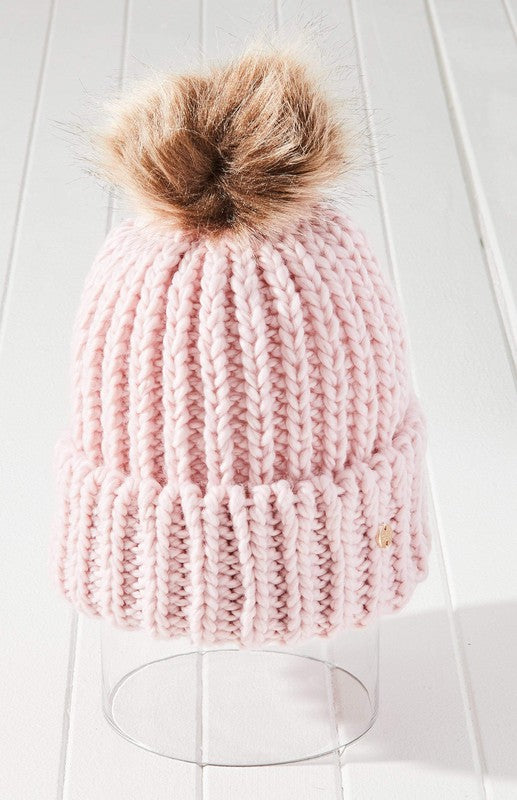 Apollo Ribbed Knit Pom Beanie Hat Vegan Fur