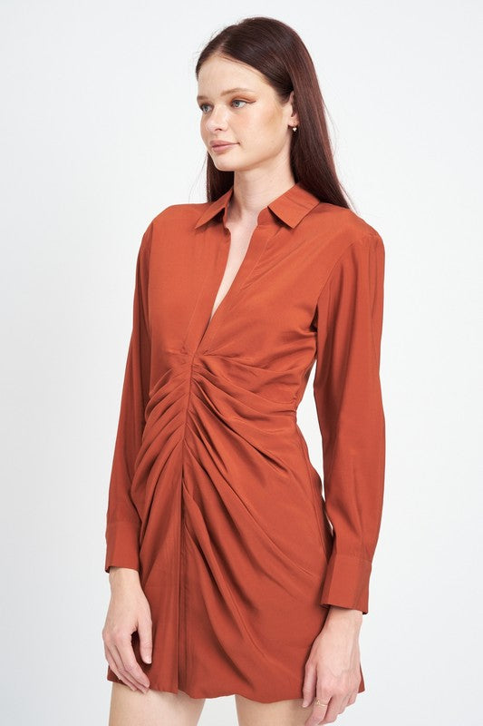 RUCHED MINI SHIRT DRESS