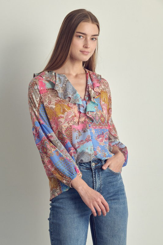 Ruffle neck button long sleeve in chiffon