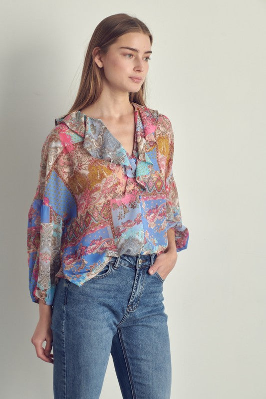 Ruffle neck button long sleeve in chiffon