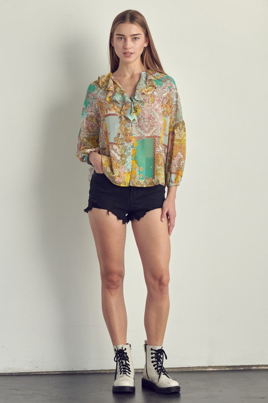 Ruffle neck button long sleeve in chiffon